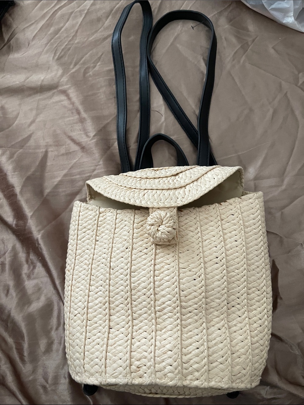 Woven Cream Straw Backpack with Black Straps